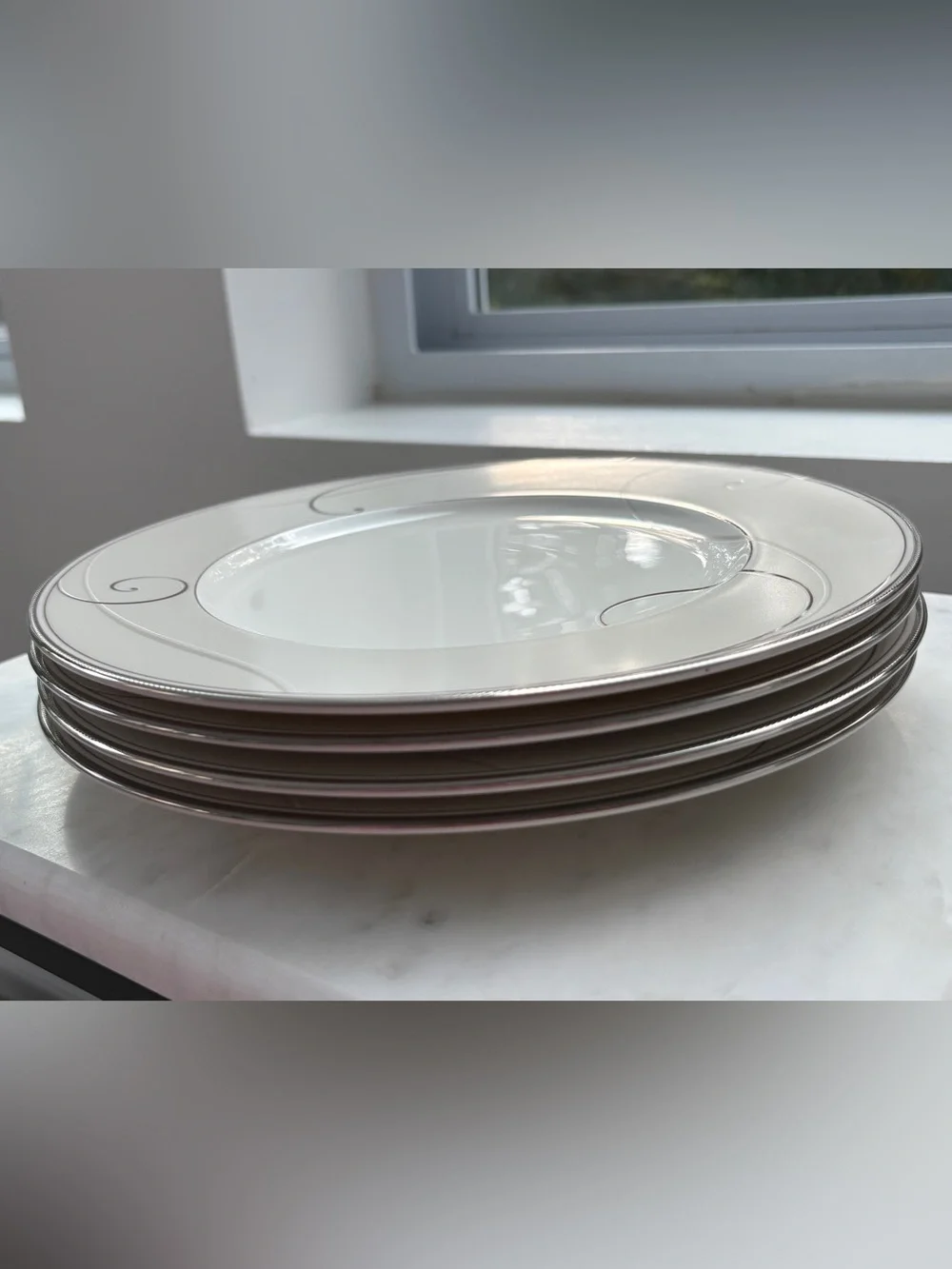 Noritake Platinum Wave 9317 Set of 4 ~9” Plates Fine Porcelain Platinum